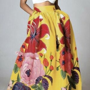 Bohemian Yellow High Waist Pockets Floral Print Cotton AFloral Yellow Maxi Skirt